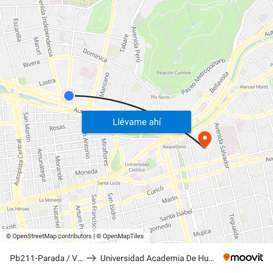 Pb211-Parada / Vega Central to Universidad Academia De Humanismo Cristiano map