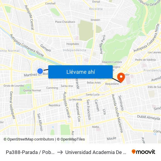Pa388-Parada / Población Mapocho to Universidad Academia De Humanismo Cristiano map