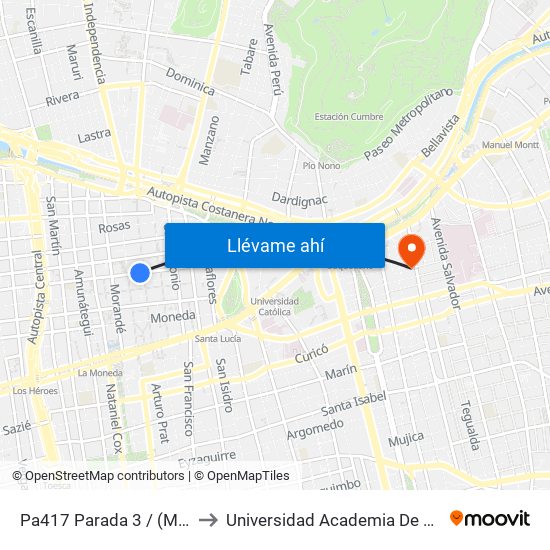 Pa417 Parada 3 / (M) Plaza De Armas to Universidad Academia De Humanismo Cristiano map