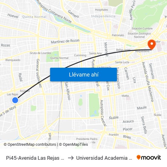 Pi45-Avenida Las Rejas / Esq. Psje. Las.Rejas-Sur to Universidad Academia De Humanismo Cristiano map