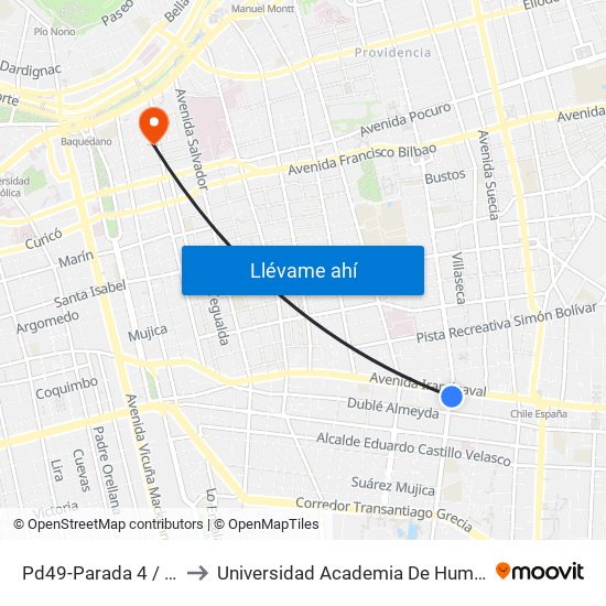 Pd49-Parada 4 / (M) Ñuñoa to Universidad Academia De Humanismo Cristiano map