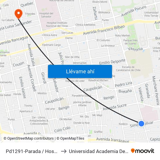 Pd1291-Parada / Hospital De Carabineros to Universidad Academia De Humanismo Cristiano map