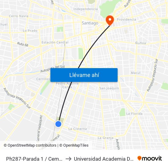 Ph287-Parada 1 / Cementerio Metropolitano to Universidad Academia De Humanismo Cristiano map