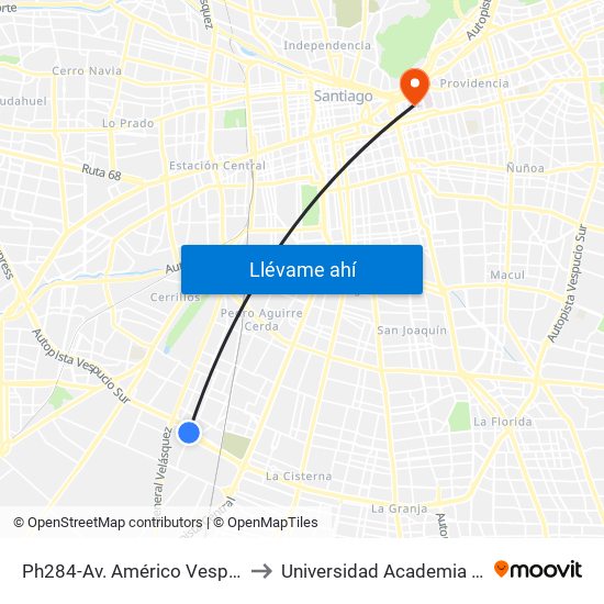 Ph284-Av. Américo Vespucio / Esq. Avenida Central to Universidad Academia De Humanismo Cristiano map