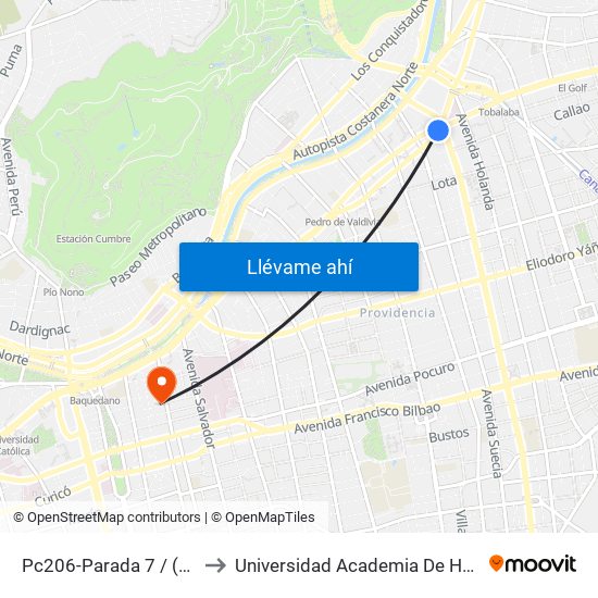 Pc206-Parada 7 / (M) Los Leones to Universidad Academia De Humanismo Cristiano map