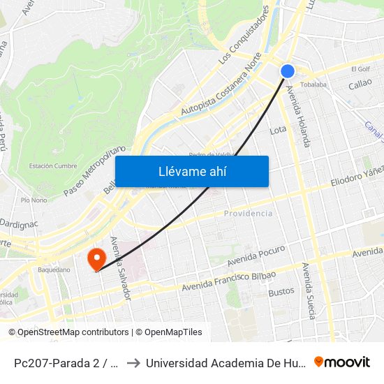 Pc207-Parada 2 / (M) Tobalaba to Universidad Academia De Humanismo Cristiano map