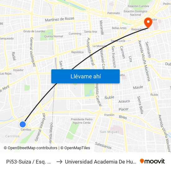 Pi53-Suiza / Esq. Cam. Melipilla to Universidad Academia De Humanismo Cristiano map