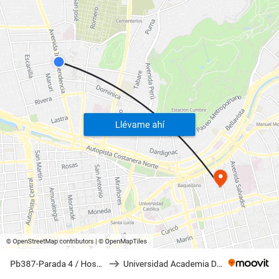 Pb387-Parada 4 / Hospital Clínico U. De Chile to Universidad Academia De Humanismo Cristiano map