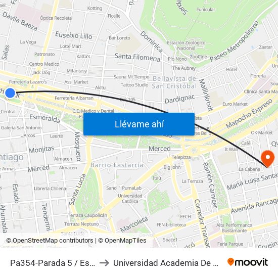 Pa354-Parada 5 / Estación Mapocho to Universidad Academia De Humanismo Cristiano map