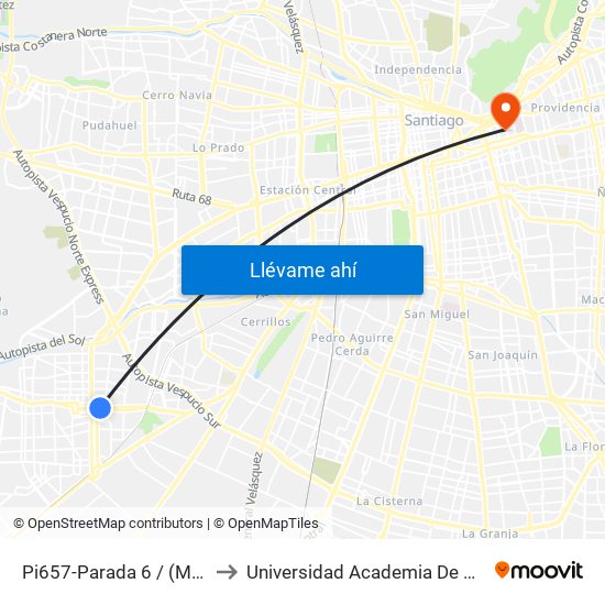 Pi657-Parada 6 / (M) Plaza De Maipú to Universidad Academia De Humanismo Cristiano map