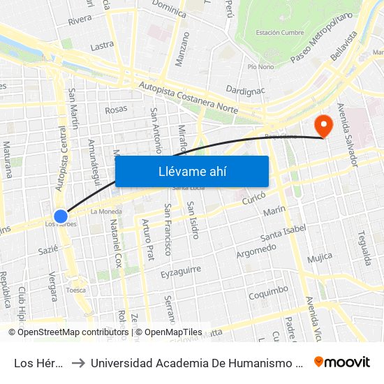 Los Héroes to Universidad Academia De Humanismo Cristiano map