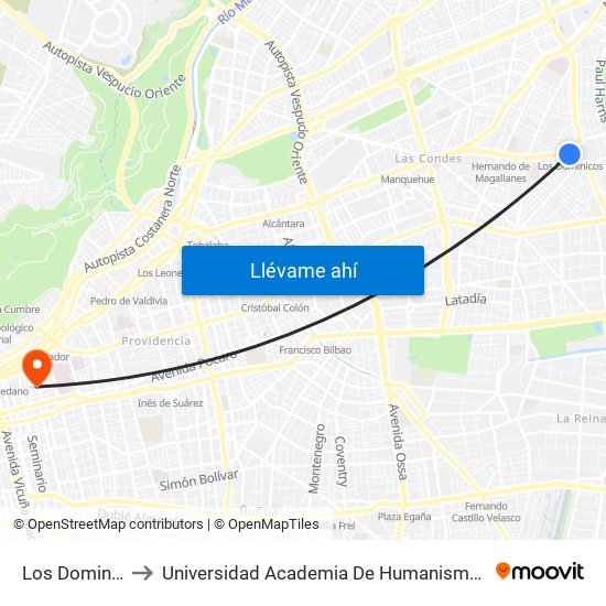 Los Dominicos to Universidad Academia De Humanismo Cristiano map
