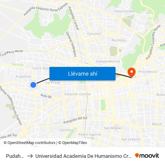 Pudahuel to Universidad Academia De Humanismo Cristiano map