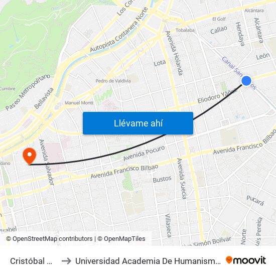 Cristóbal Colón to Universidad Academia De Humanismo Cristiano map