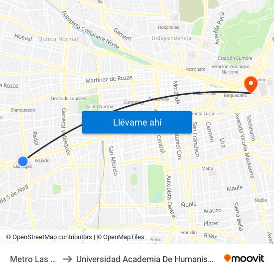 Metro Las Rejas to Universidad Academia De Humanismo Cristiano map