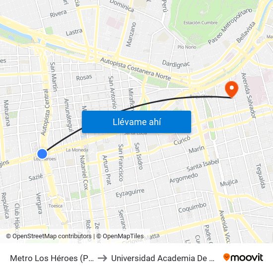 Metro Los Héroes (Plazoleta Central) to Universidad Academia De Humanismo Cristiano map