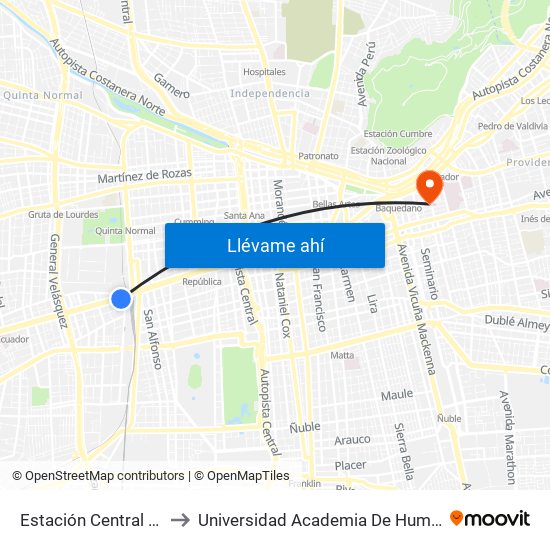 Estación Central / San Borja to Universidad Academia De Humanismo Cristiano map