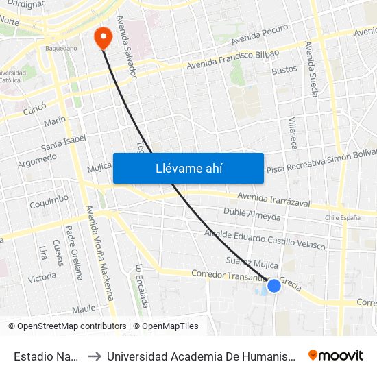 Estadio Nacional to Universidad Academia De Humanismo Cristiano map