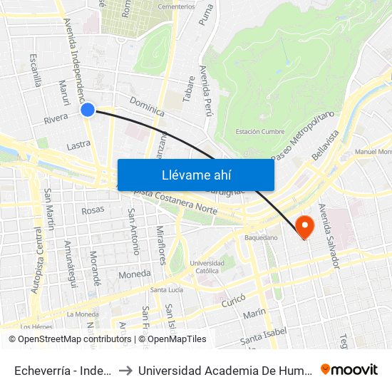 Echeverría - Independencia to Universidad Academia De Humanismo Cristiano map