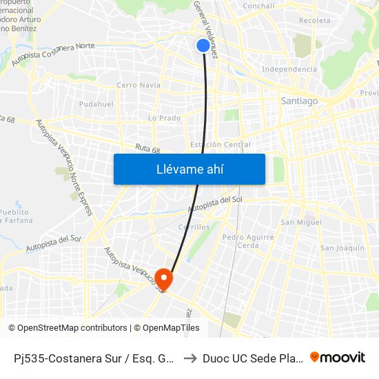 Pj535-Costanera Sur / Esq. Gonzalo Bulnes to Duoc UC Sede Plaza Oeste map