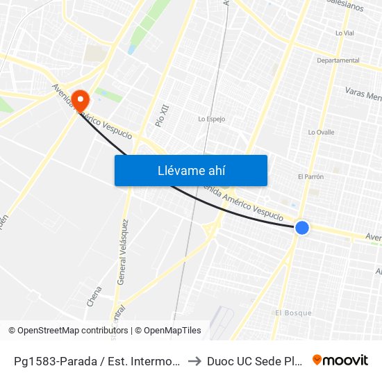 Pg1583-Parada / Est. Intermodal La Cisterna to Duoc UC Sede Plaza Oeste map