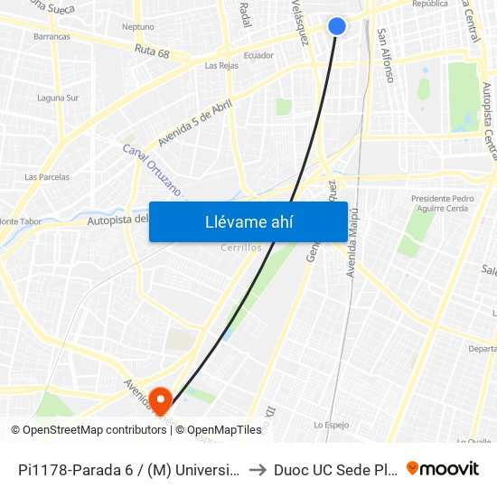 Pi1178-Parada 6 / (M) Universidad De Santiago to Duoc UC Sede Plaza Oeste map