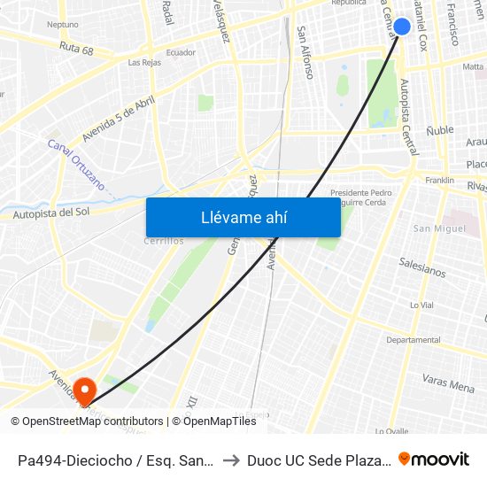 Pa494-Dieciocho / Esq. Santa Isabel to Duoc UC Sede Plaza Oeste map