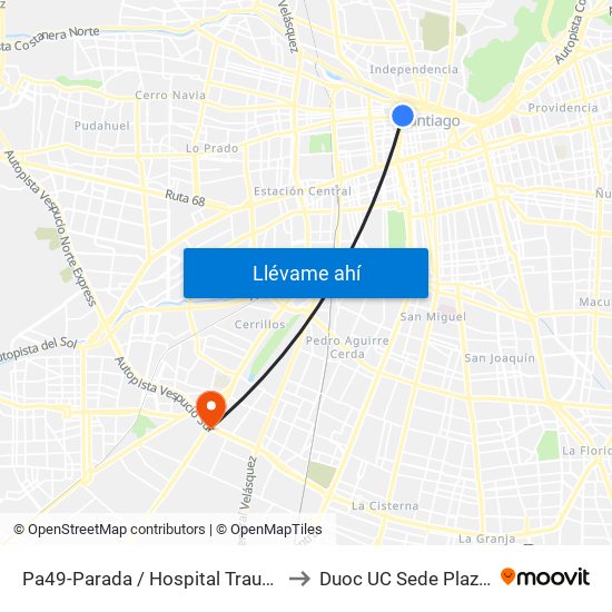 Pa49-Parada / Hospital Traumatológico to Duoc UC Sede Plaza Oeste map