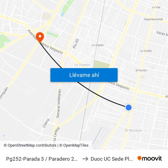 Pg252-Parada 3 / Paradero 28 Gran Avenida to Duoc UC Sede Plaza Oeste map