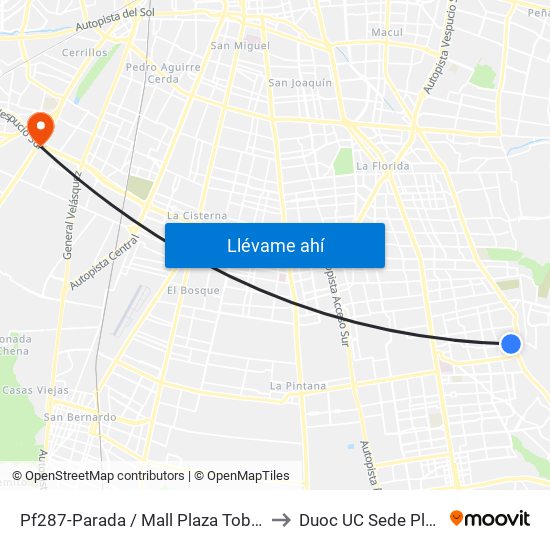 Pf287-Parada / Mall Plaza Tobalaba - El Peral to Duoc UC Sede Plaza Oeste map