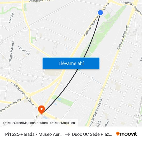 Pi1625-Parada / Museo Aeronáutico to Duoc UC Sede Plaza Oeste map