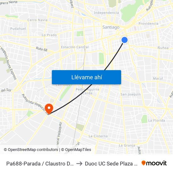 Pa688-Parada / Claustro Del 900 to Duoc UC Sede Plaza Oeste map