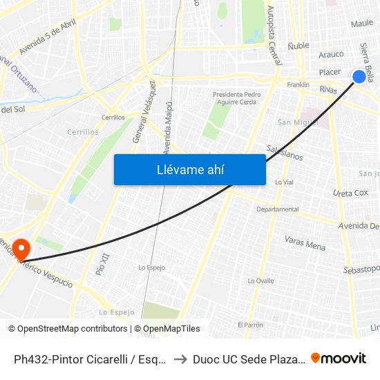 Ph432-Pintor Cicarelli / Esq. Carmen to Duoc UC Sede Plaza Oeste map