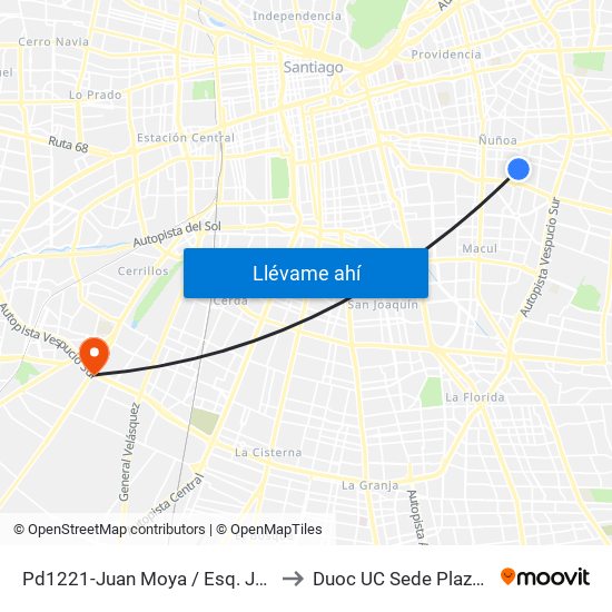 Pd1221-Juan Moya / Esq. Juan Moya to Duoc UC Sede Plaza Oeste map