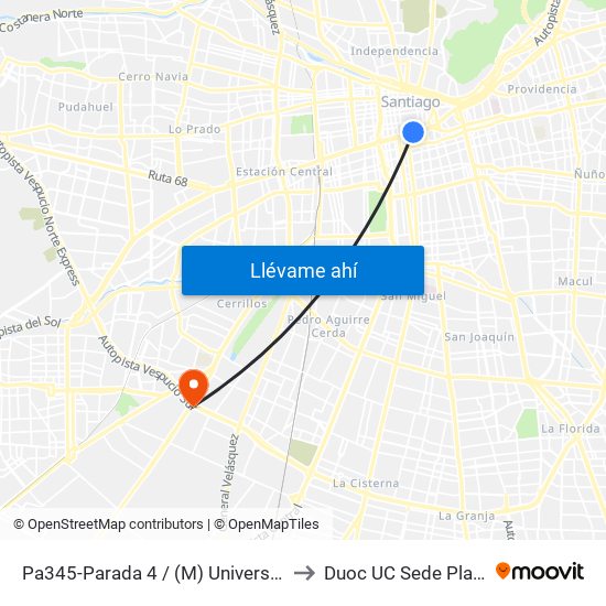 Pa345-Parada 4 / (M) Universidad De Chile to Duoc UC Sede Plaza Oeste map