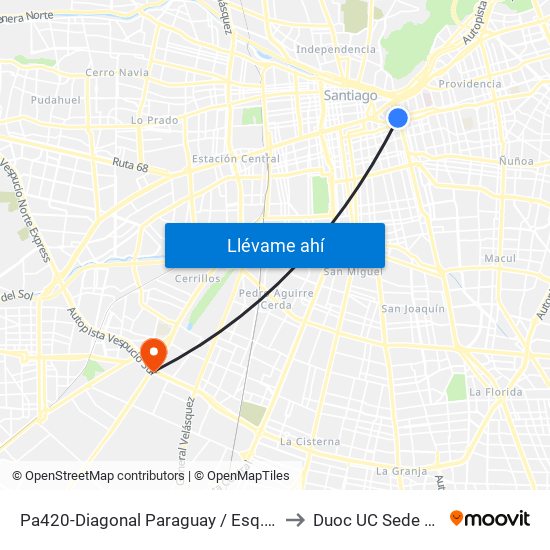Pa420-Diagonal Paraguay / Esq. Av.Vicuña Mackenna to Duoc UC Sede Plaza Oeste map