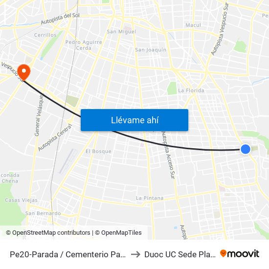 Pe20-Parada / Cementerio Parque El Prado to Duoc UC Sede Plaza Oeste map