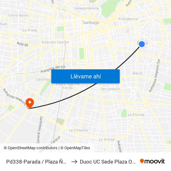 Pd338-Parada / Plaza Ñuñoa to Duoc UC Sede Plaza Oeste map