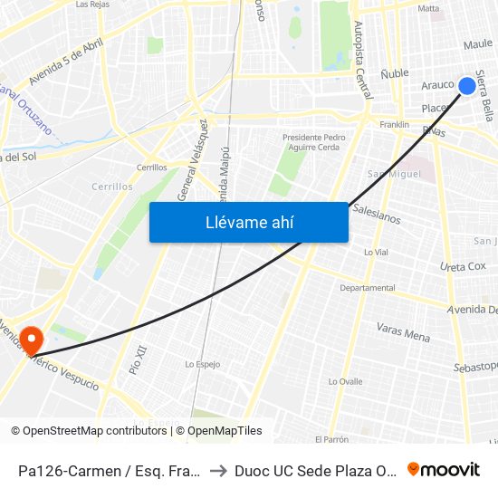 Pa126-Carmen / Esq. Franklin to Duoc UC Sede Plaza Oeste map