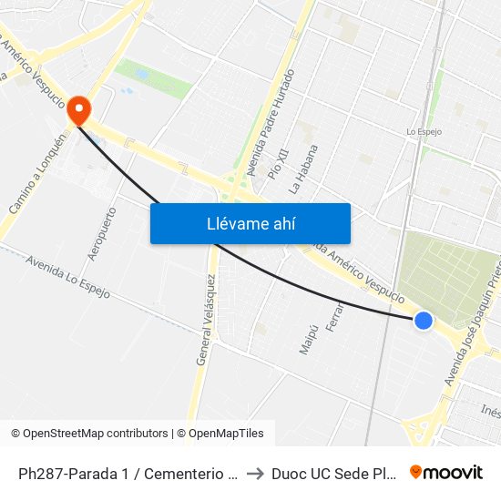 Ph287-Parada 1 / Cementerio Metropolitano to Duoc UC Sede Plaza Oeste map