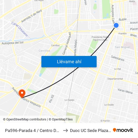 Pa596-Parada 4 / Centro De Justicia to Duoc UC Sede Plaza Oeste map
