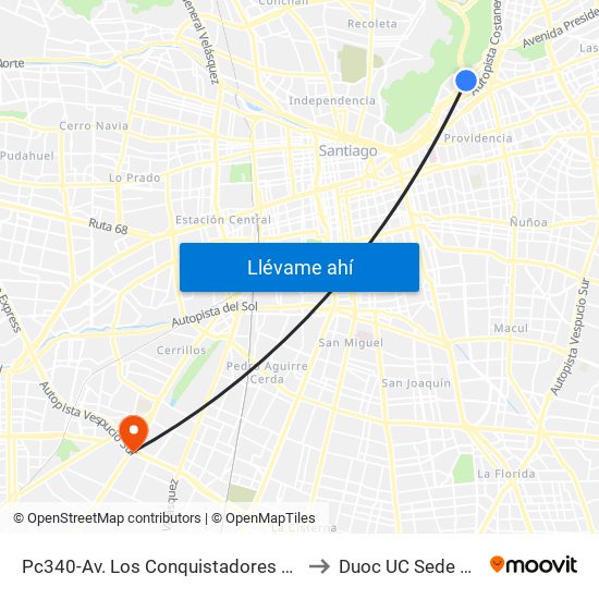 Pc340-Av. Los Conquistadores / Esq. Padre Letelier to Duoc UC Sede Plaza Oeste map