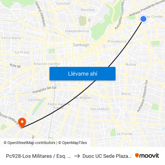 Pc928-Los Militares / Esq. Orinoco to Duoc UC Sede Plaza Oeste map