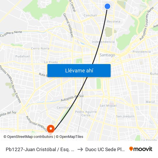 Pb1227-Juan Cristóbal / Esq. Av. Zapadores to Duoc UC Sede Plaza Oeste map