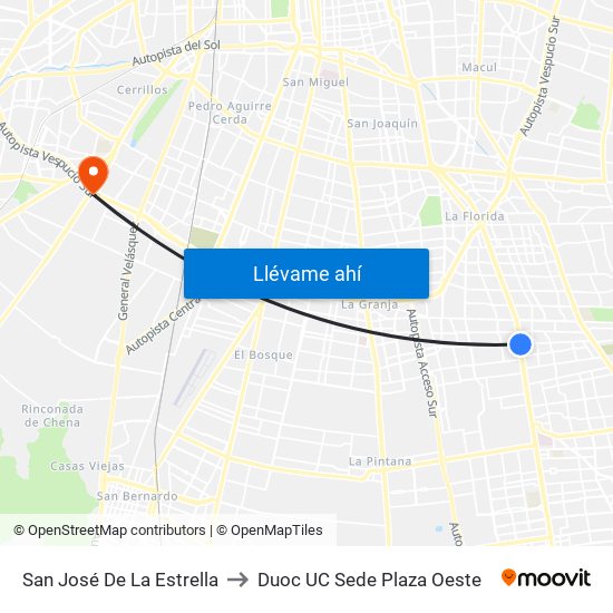 San José De La Estrella to Duoc UC Sede Plaza Oeste map