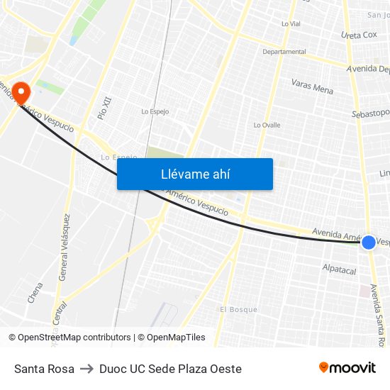 Santa Rosa to Duoc UC Sede Plaza Oeste map
