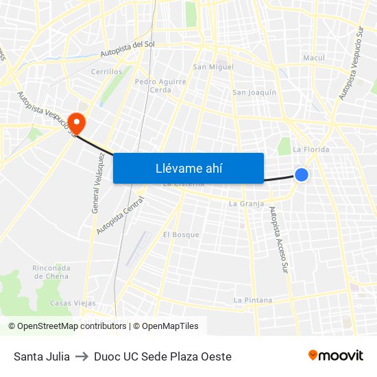 Santa Julia to Duoc UC Sede Plaza Oeste map