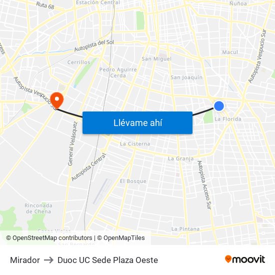 Mirador to Duoc UC Sede Plaza Oeste map