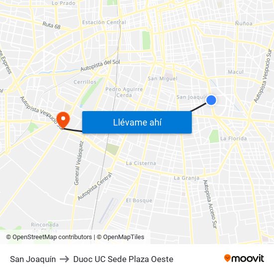San Joaquín to Duoc UC Sede Plaza Oeste map