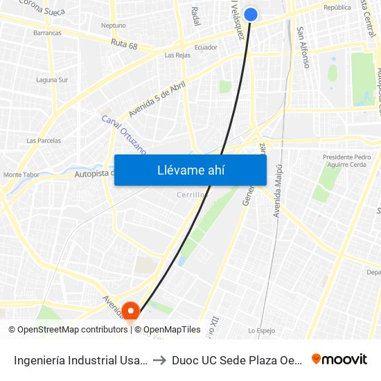 Ingeniería Industrial Usach to Duoc UC Sede Plaza Oeste map